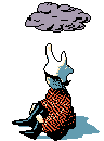 sprite of somsnosa from hylics sulking, a cloud floating over her head